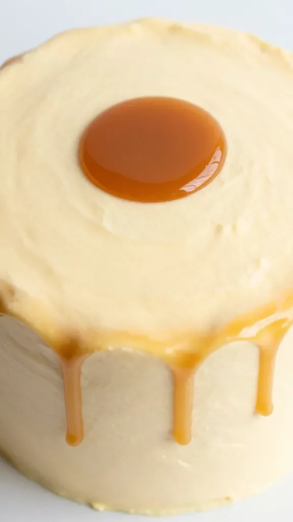 Overhead macro shot of the top of the assembled vanilla caramel drip cake: silky, even vanilla buttercream top surface with a mirror-like caramel pool at the center gently dripping over the edge in neat, glossy trails; minimalist setting, diffuse daylight, no embellishments, no text.