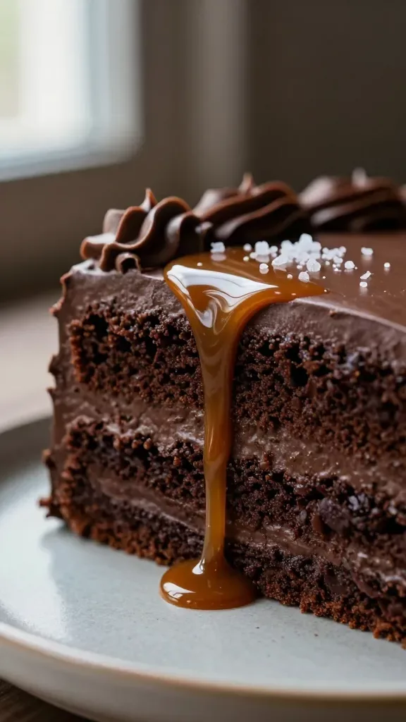 Extreme close-up of a single slice of rich, fudgy chocolate layer cake on a neutral ceramic plate, thick glossy salted caramel dripping down the sides, subtle flakes of sea salt on top, smooth chocolate frosting swooped on the outer edge, soft natural window light, shallow depth of field, no utensils, no extra garnishes, dark moody background to emphasize sheen and texture.
