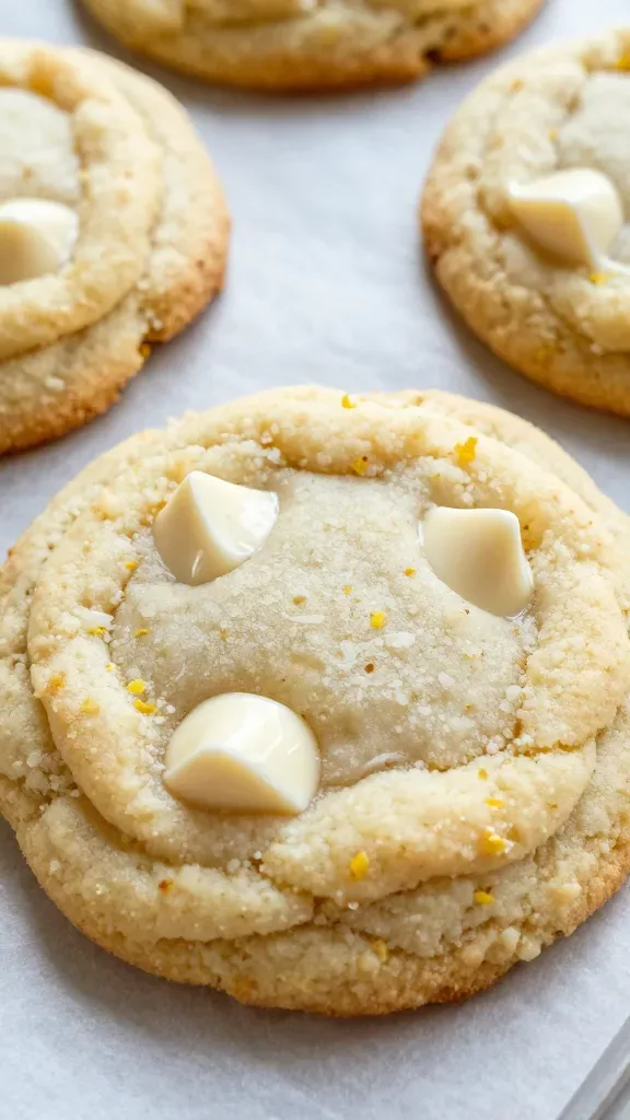 Extreme close-up food photography of freshly baked white chocolate lemon cookies on a neutral parchment-lined baking sheet. Soft, thick cookies with lightly golden, crisp edges and pale, tender centers. Visible creamy white chocolate chunks melted into glossy pockets, and fine specks of lemon zest throughout the dough. Natural daylight from the side, shallow depth of field, no extra props or ingredients, no text.