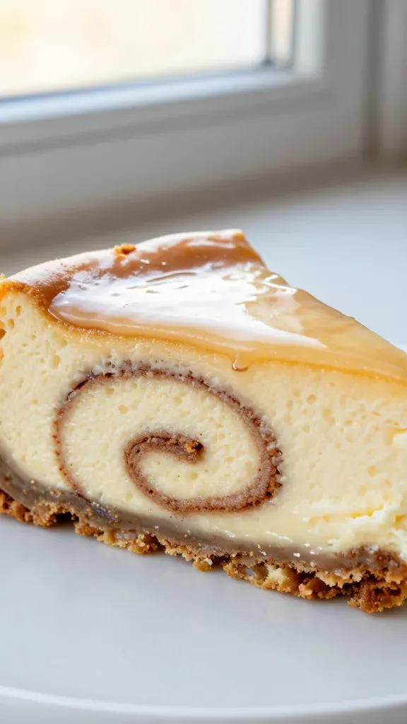 Extreme close-up of a slice of cinnamon roll cheesecake on a simple white plate: velvety, ultra-creamy cheesecake with a visible spiral of glossy brown sugar–cinnamon swirl running through the center, tender cinnamon-cookie crust at the base, and a thin, silky cream cheese glaze gently dripping over the top. Soft natural window light, shallow depth of field, warm bakery tones, no extra garnishes or toppings.