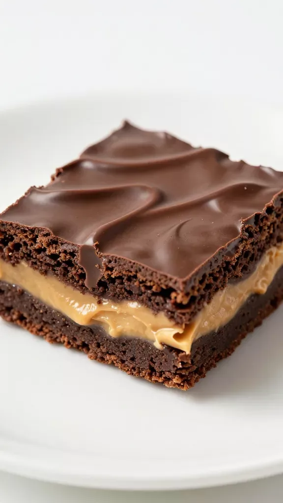 Macro side-angle of a single brownie square on a plain white plate, highlighting thick layers: rich, dark chocolate fudgy crumb with a creamy peanut butter ribbon visible through the cross-section and swirled on the top, subtle sheen indicating moisture, soft diffused lighting, shallow focus on texture, no garnishes, no sauces, clean background.