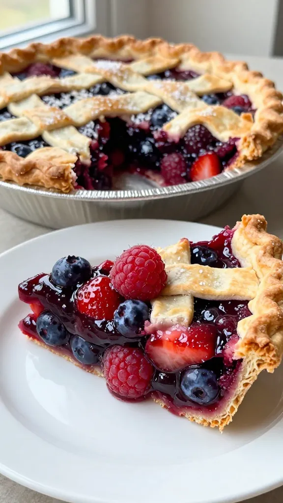 Ultra-realistic closeup of a freshly baked triple berry pie showing a clean slice on a white plate beside the remaining pie in a metal pie tin. Filling is a glossy mix of strawberries, blueberries, and raspberries only—clearly visible whole and halved berries suspended in a thick, jammy, deep ruby-purple glaze. Golden, flaky double crust with a simple lattice top lightly dusted with coarse sugar. No extra toppings. Natural window light, shallow depth of field, crisp detail of berry textures and flaky layers.
