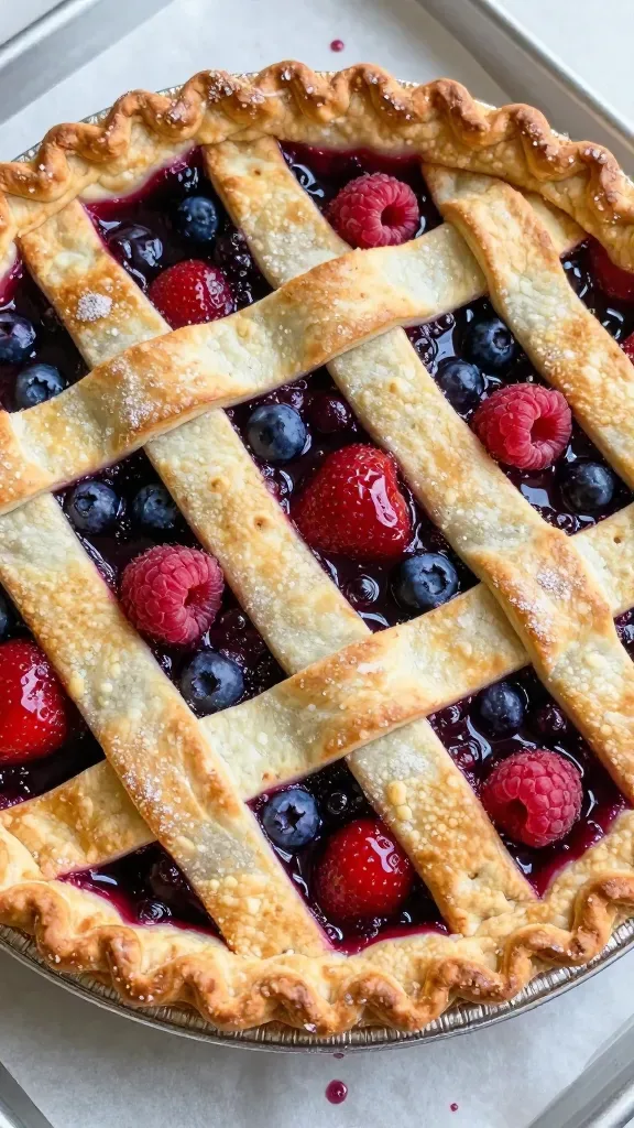 Overhead closeup of a whole triple berry lattice pie on a parchment-lined baking sheet. Perfectly browned, buttery lattice with visible bubbling pockets of thick berry filling beneath—strawberries, blueberries, and raspberries only, no other fruits or garnishes. Edges crimped, light sugar sparkle on crust. A small amount of juice has bubbled onto the parchment, showing glossy deep red-purple tones. Soft, diffused daylight, high-resolution, minimal background props.