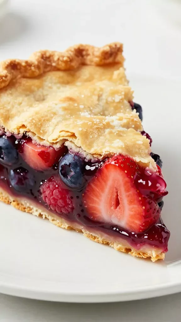 Extreme closeup of a single slice of triple berry pie on a plain ceramic plate, with the cut face toward the camera. The filling shows distinct strawberries, blueberries, and raspberries bound in a silky, set, cornstarch-thickened glaze—no soupiness, no runniness. Flaky, golden crust top and bottom, slight sugar shimmer. No ice cream, no whipped cream, no mint, no extra ingredients. Bright, clean studio lighting, shallow depth of field emphasizing berry seeds, crust layers, and jammy sheen.