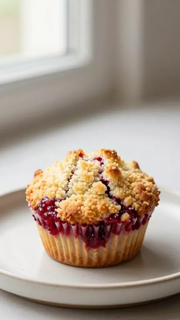Close-up food photography of a single raspberry crumble muffin on a neutral ceramic plate, tall domed top with a generous, golden-brown buttery crumble, visible jammy pockets of raspberries just beneath the crumble, tender moist crumb peeking through a split on top, soft morning window light, shallow depth of field, no glaze or extra toppings, no utensils, clean minimal background in muted warm tones.