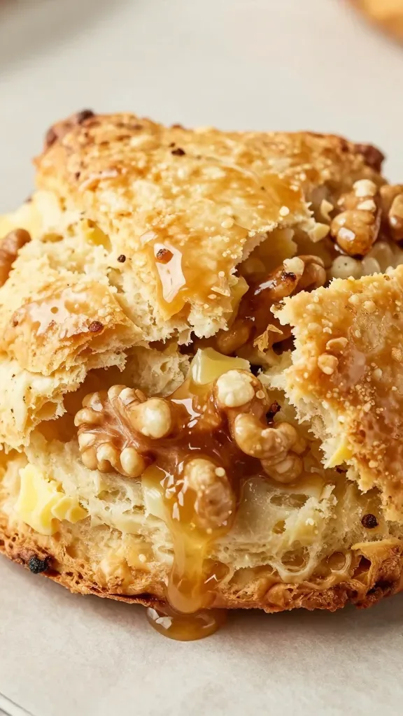 Extreme close-up of a golden-brown maple walnut scone torn open to reveal distinct buttery, flaky layers, visible toasted walnut pieces embedded throughout, and a thick, glossy maple glaze dripping down the craggy surface; shot on a neutral parchment-lined surface with soft morning light, shallow depth of field, no other ingredients or props.