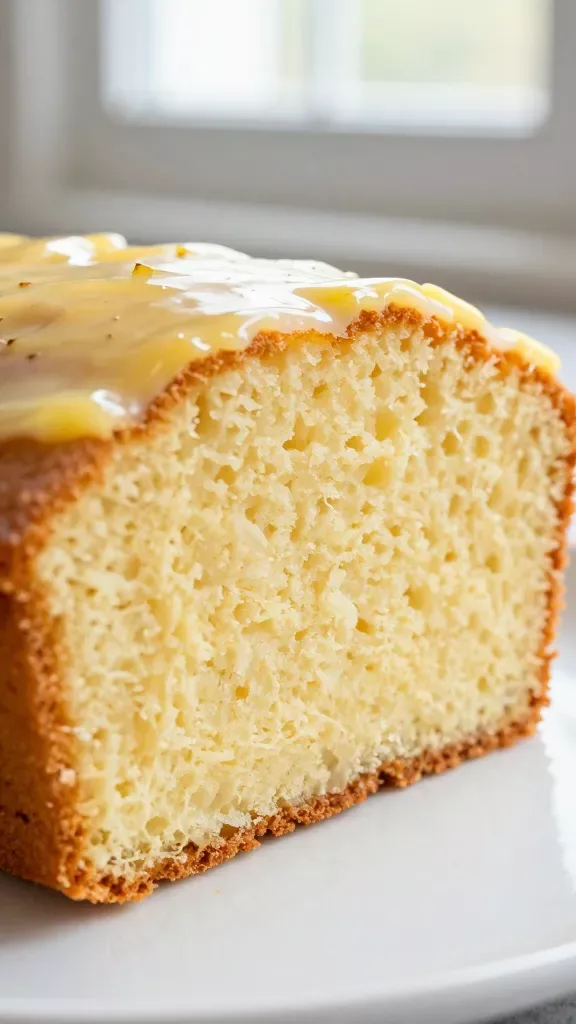 Extreme close-up of a freshly sliced lemon cream cheese pound cake loaf on a simple white plate: tight, velvety crumb with a dense, moist texture; pale golden exterior, soft buttery-yellow interior; thin glossy lemon glaze lightly dripped over the top and edges, with faint zest specks visible in the glaze; natural window light, shallow depth of field, no additional garnishes or props.