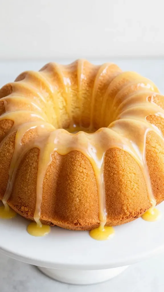 Overhead shot of a whole lemon cream cheese pound cake baked in a classic Bundt shape: smooth, even golden crust, fine crack-free surface; a thin, translucent, zesty lemon glaze poured in gentle ribbons along the ridges, pooling slightly at the base; placed on a plain white cake stand against a neutral background; no fruit slices, no herbs, no extra toppings.