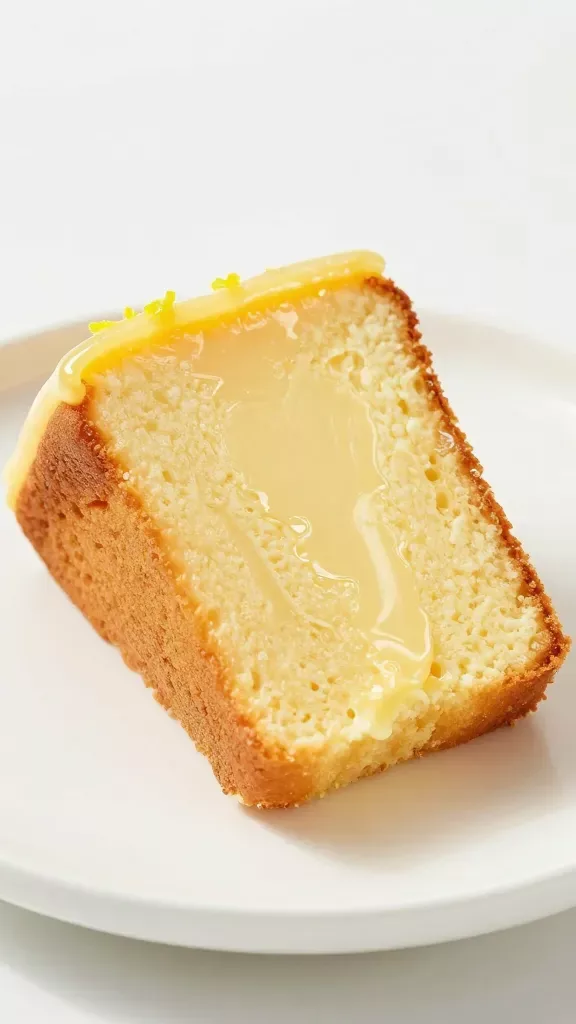45-degree angle macro of a single thick slice of lemon cream cheese pound cake standing upright on a clean white ceramic plate: tight, velvety crumb showing subtle sheen from moisture; lightly browned edge, soft yellow interior; delicate, glossy lemon glaze veil on the top edge only, with tiny lemon zest flecks; minimal shadows, bright natural light, no additional ingredients or decorations.