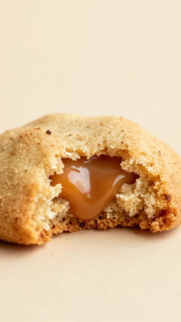 Macro side view of a single snickerdoodle with a clean bite taken out, showcasing the glossy, flowing caramel pocket inside against the pillowy, tender cookie crumb, cinnamon-sugar crystals visible on the surface, warm inviting color palette, tight composition, soft natural light, simple seamless background, no extra elements.