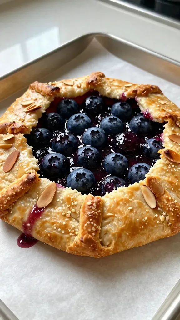 Close-up of a freshly baked blueberry almond galette on a parchment-lined baking sheet: golden-brown, rustic folded pie crust with visible flaky layers, center packed with glossy, jammy whole blueberries, edges sprinkled with lightly toasted sliced almonds, a few blueberry juices bubbling and staining the crust, shot in soft natural window light on a neutral kitchen countertop, shallow depth of field