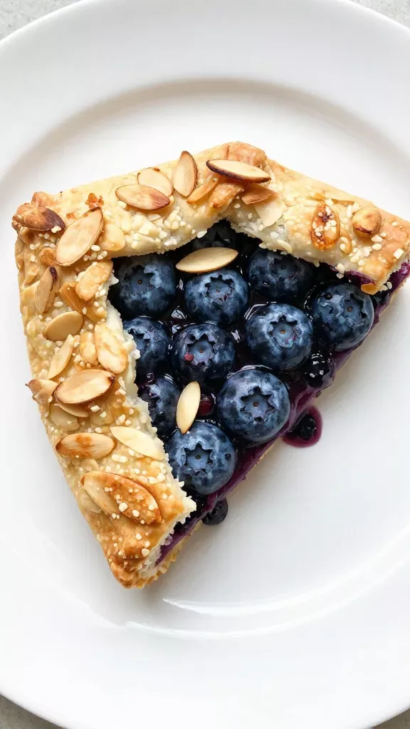 Overhead slice detail of the blueberry almond galette on a simple white plate: crisp, buttery crust flakes visible, interior showing thick, jammy blueberries with intact skins, toasted sliced almonds scattered over the crust edge, a few syrupy blueberry drips on the plate, minimal props, bright natural light for true-to-life colors