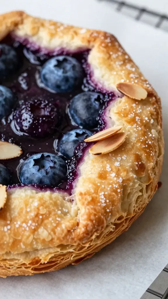 Macro side-angle of the galette’s cut edge: laminated flaky crust layers in sharp focus, deep purple-blue jammy blueberry filling glistening and slightly set, toasted sliced almonds clinging to the crust rim, a few sugar crystals sparkling on the surface, photographed on a cooling rack with parchment underneath, soft diffused daylight, high detail and texture emphasis