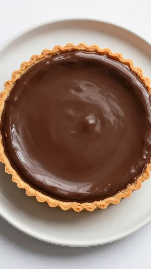 Overhead shot of a whole chocolate ganache tart with a mirror-like sheen, flawless surface reflecting soft light, neat fluted cookie crust edge visible all around, placed on a simple neutral ceramic plate, no garnishes, no powdered sugar, clean background, studio lighting emphasizing texture.
