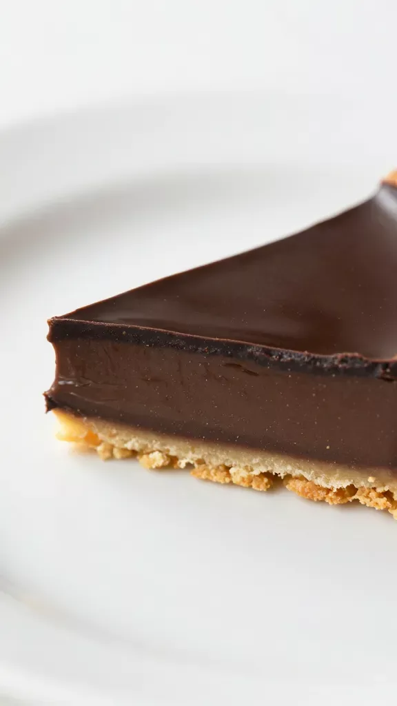 Macro side profile of a single slice of chocolate ganache tart on a plain white plate, showing the distinct layers: buttery cookie crust base and thick, ultra-smooth dark ganache filling with a glossy finish, fine crumbs on the plate, soft diffused lighting, no additional ingredients or decorations.