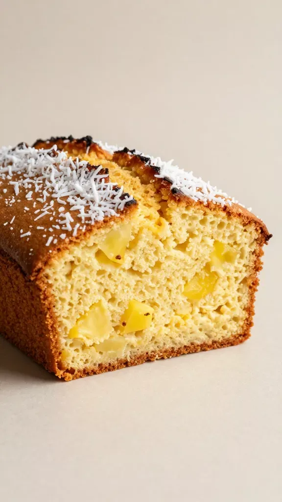 Ultra close-up food photography of a freshly baked coconut pineapple loaf cake on a simple neutral background, shot at a 45-degree angle. The loaf is sliced to reveal a moist, tender crumb studded with visible juicy pineapple bits and fine shredded coconut throughout, with a golden, lightly toasty top. Soft natural side lighting, minimal props, no glaze or extra toppings, no text.
