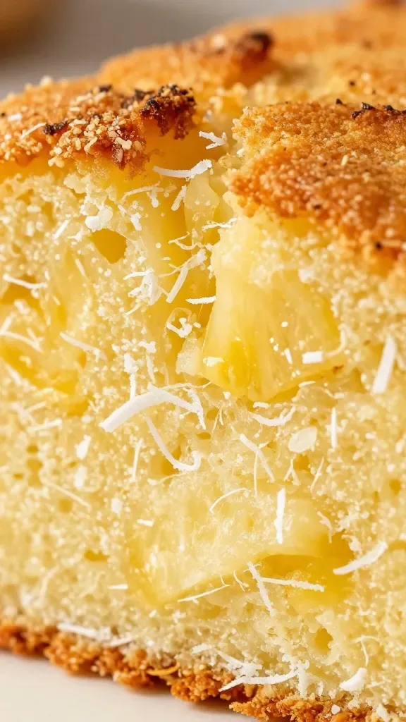 Macro detail shot of the cut surface of a coconut pineapple loaf cake, filling the frame. Focus on the moist, tender interior with visible pineapple pieces and subtle strands of shredded coconut, contrasted by the slightly crisp, toasted golden top crust. Soft, directional light highlighting texture, shallow depth of field, no props, no extra ingredients, no text.