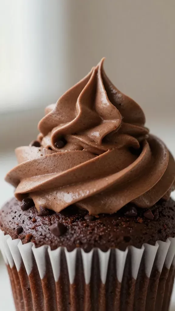 Extreme close-up of a single mocha chip cupcake on a neutral matte background, moist chocolate cupcake crumb speckled with visible mini chocolate chips, topped with a tall, silky mocha buttercream swirl with subtle coffee-brown tint, soft natural window light from the left, shallow depth of field, no sprinkles or garnishes, no text, studio food photography, 50mm lens look.