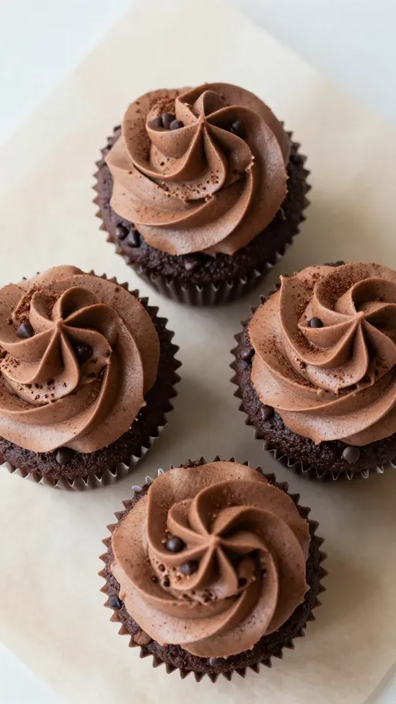Overhead close-up of three mocha chip cupcakes arranged in a tight triangle on parchment, each cupcake showing moist chocolate crumb with mini chocolate chips baked throughout and a smooth mocha buttercream rosette on top, light cocoa dusting only on the frosting surface, soft diffused daylight, muted warm tones, clean minimal scene, no extra toppings or props.