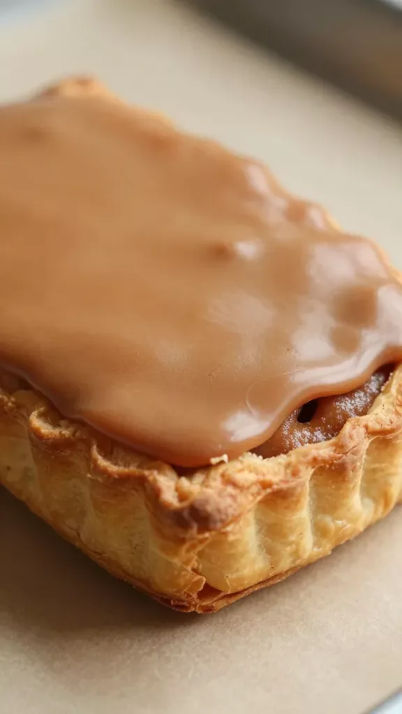 Extreme close-up of a freshly baked brown sugar cinnamon pop tart on a neutral parchment-lined surface, golden flaky rectangular pastry with neat crimped fork edges, light cinnamon-brown sugar filling just visible through a small steam vent slit, thin glossy cinnamon-brown icing evenly spread on top with a subtle matte sheen, soft natural morning light from the side, shallow depth of field, no extra ingredients, no sprinkles, no plate, cozy warm tones.