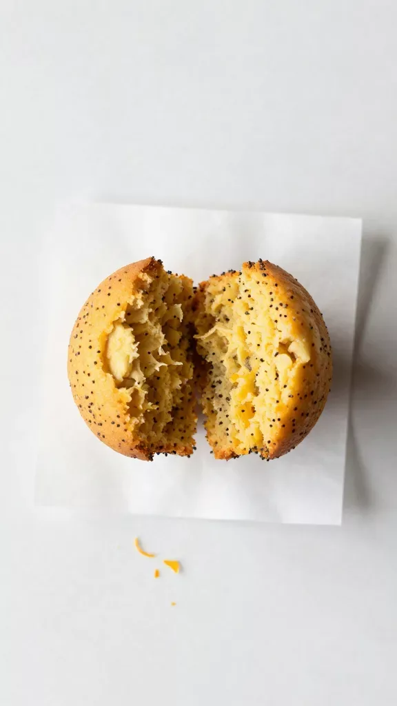 Overhead shot of a single orange poppy seed muffin split open to show tender, moist interior studded with poppy seeds, placed on unbleached parchment on a plain light countertop, a few fine strands of orange zest nearby for context (no other ingredients), soft diffused daylight, minimal styling, high-resolution food photography.