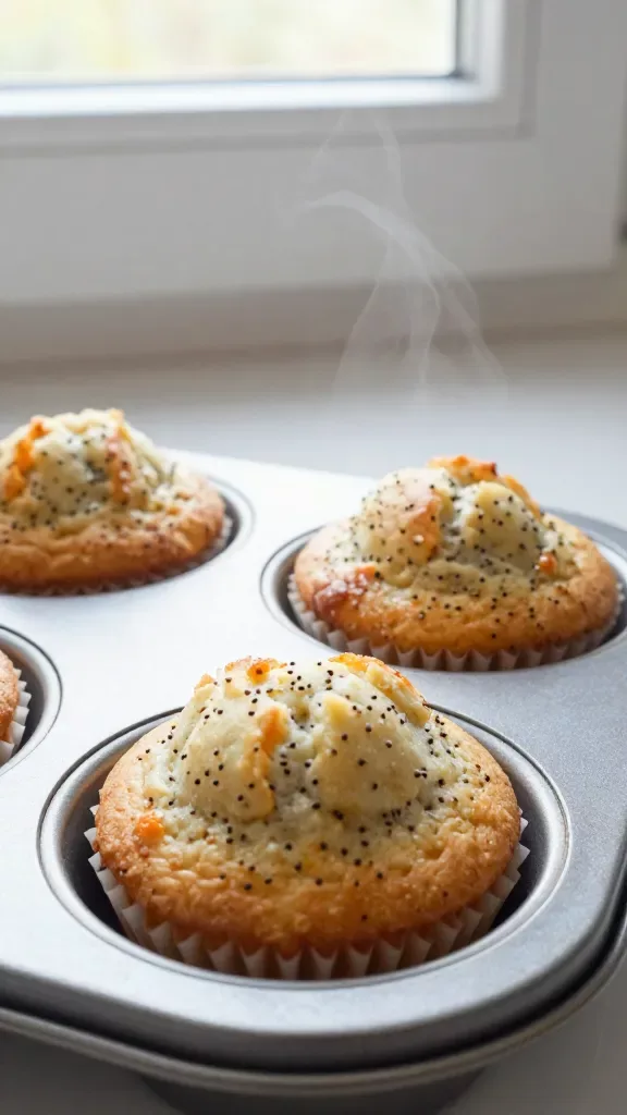 Three orange poppy seed muffins in a muffin tin, just out of the oven, golden and slightly domed with evenly dispersed poppy seeds, light steam visible, clean neutral kitchen background, natural window light, close-up framing on the muffins, no glaze, no sugar dusting, no additional garnishes.