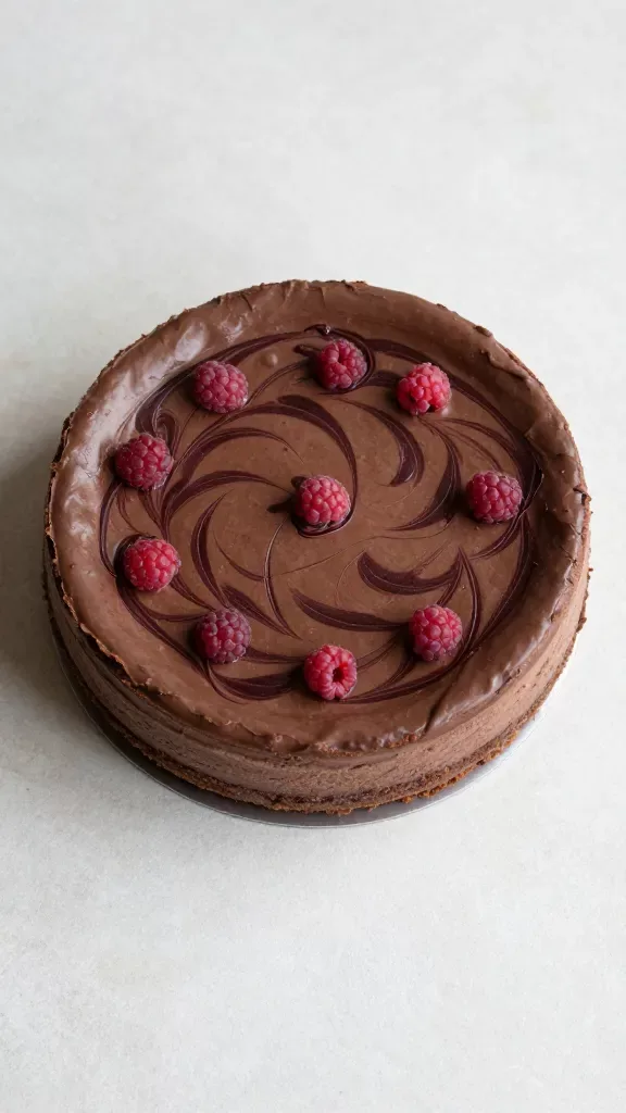 Overhead hero shot of the full chocolate raspberry cheesecake before slicing, perfectly smooth top with organic raspberry swirl pattern contrasting against the dark chocolate surface, uniform crust ring visible around the perimeter, placed on a plain light stone surface, soft natural light, gentle shadows, no decorations, no extra ingredients, minimal color palette.