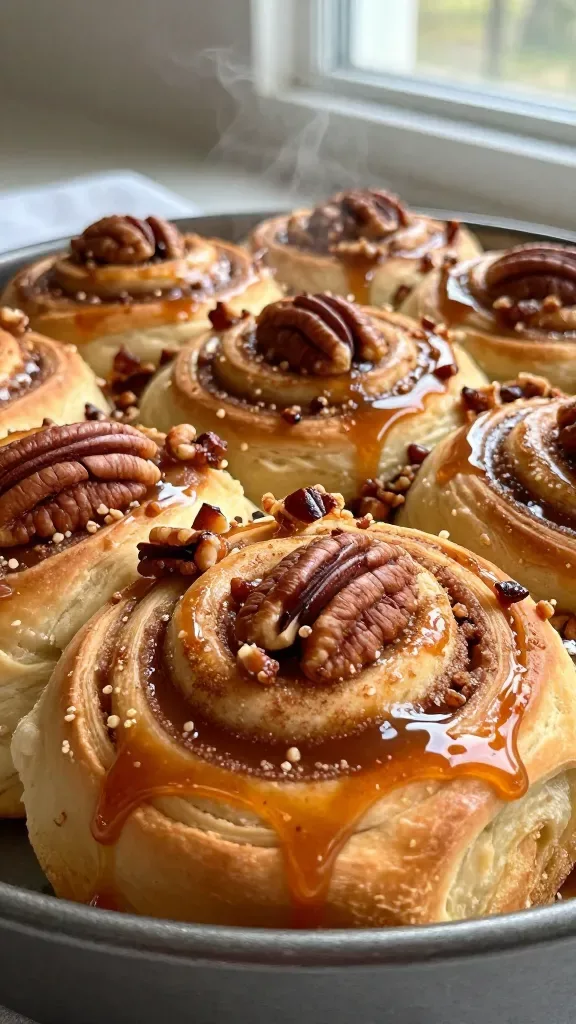 Extreme close-up of freshly baked caramel pecan sticky buns in a round baking dish, tight spiral layers of soft, pillowy dough filled with visible cinnamon sugar, drenched in glossy amber caramel that drips down the sides, topped generously with toasted pecan halves and pieces, warm steam, natural morning window light, shallow depth of field, no extra ingredients or garnishes, rustic neutral background.