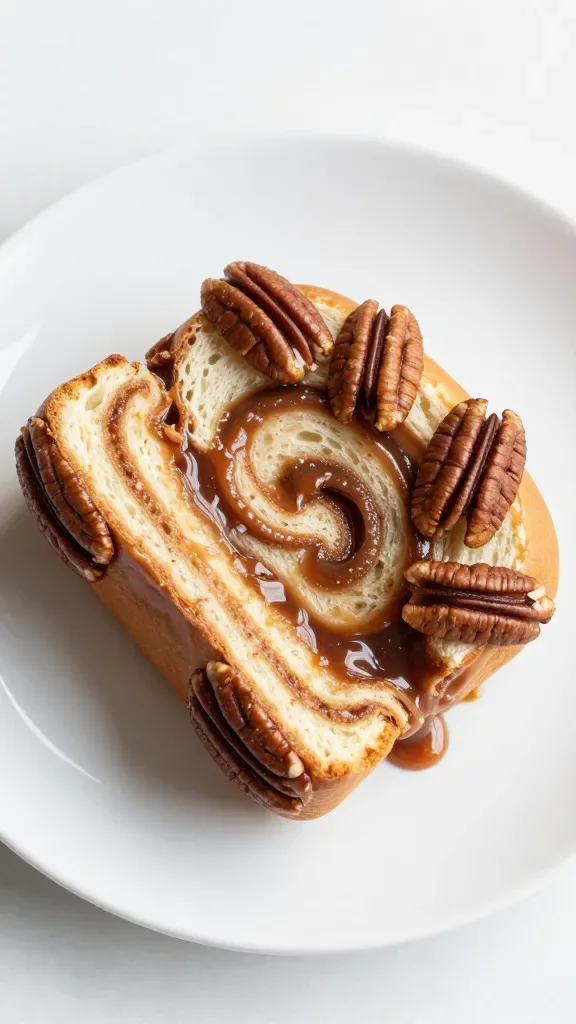 Overhead close-up of a single sticky bun pulled apart on a plain white plate, showcasing the gooey interior swirl of cinnamon sugar and the sticky caramel glaze stretching between layers, several shiny toasted pecans embedded on top and along the sides, small caramel puddle on the plate, soft diffused morning light, minimal setting, no added toppings or fruits.