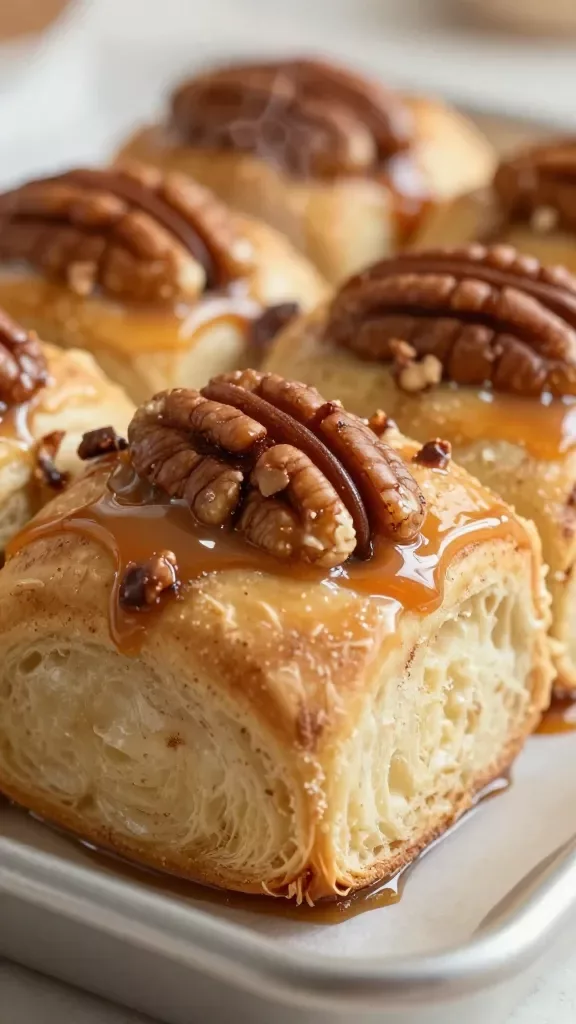 Macro side view of a cluster of caramel pecan sticky buns still in the pan, tight composition focusing on the glossy caramel sheen and the texture of toasted pecans, clearly defined fluffy layers of dough with cinnamon sugar streaks, slight caramel pooling at the base, warm golden tones, subtle steam, neutral baking tray and parchment, no extra ingredients or decorations.