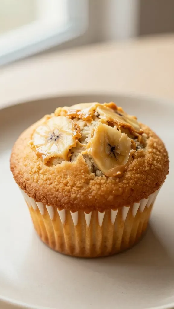 Ultra-closeup of a single peanut butter banana muffin on a simple neutral plate, golden-brown domed top with visible moist crumb, subtle swirl sheen from peanut butter baked in, soft natural window light, shallow depth of field, no toppings or garnishes, no extra ingredients, matte background in warm beige, high-resolution food photography, 50mm lens look.