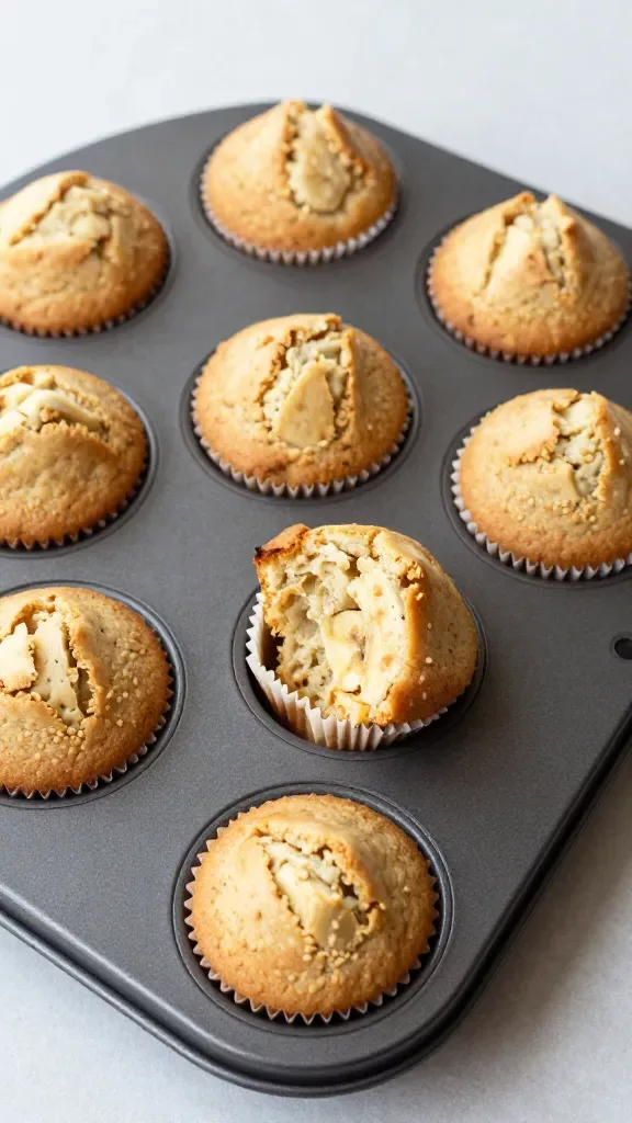 Overhead shot of a small batch of plain peanut butter banana muffins in a dark nonstick muffin tin, evenly baked with lightly cracked golden tops, no liners, no add-ins, one muffin slightly tilted to reveal tender interior, soft diffused morning light, clean neutral backdrop, minimal shadows, editorial food style.