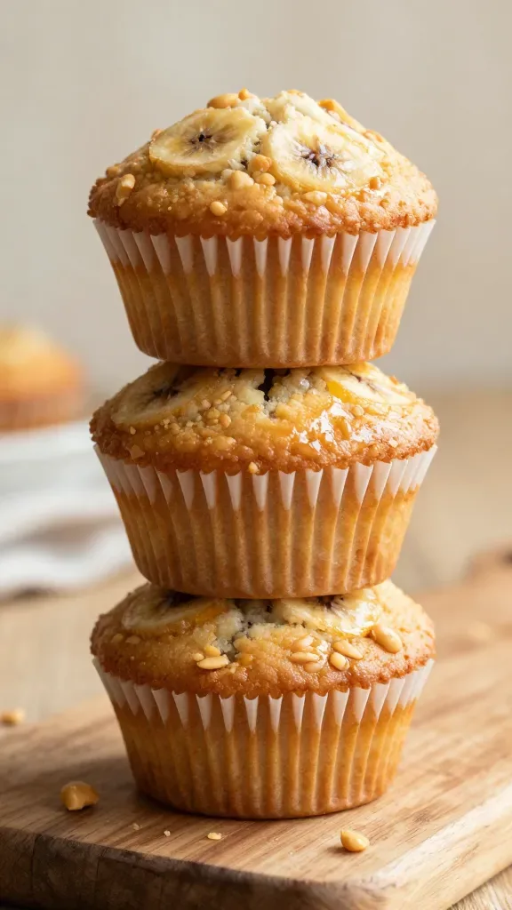 Three plain peanut butter banana muffins stacked slightly off-center on a rustic wooden board, closeup side angle showing moist crumb and gentle gloss on the tops, warm natural light, blurred neutral background, no drips, no spreads, no extra ingredients, subtle crumbs on board for realism, crisp, high-detail food photography.