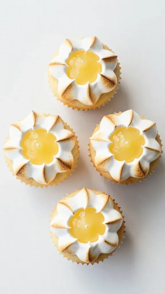 Overhead shot of three identical lemon meringue cupcakes arranged in a triangle on a matte white surface: moist lemon cupcakes with smooth domes, centers filled with vibrant lemon curd (a subtle glint at the core under the meringue), topped with evenly piped meringue kisses, gently toasted with caramelized edges and pale centers, no plates, no utensils, no extra ingredients, soft shadows, bright airy lighting, high-resolution food styling.