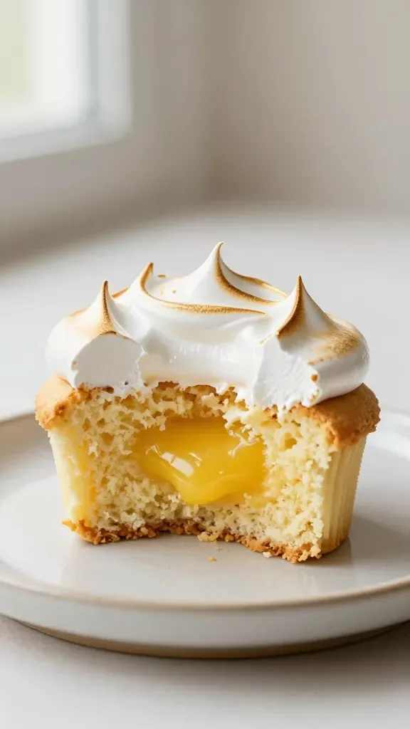 Three-quarter angle portrait of a bitten lemon meringue cupcake on a bare ceramic plate: cross-section reveals fluffy lemon cake crumb and a ribbon of glossy lemon curd in the center, topped with a lush swirl of torched meringue with golden tips, crumbs on the plate for realism, no fruit, no herbs, no sauces, minimalist off-white backdrop, natural window light, shallow depth for creamy bokeh and sharp cupcake detail.