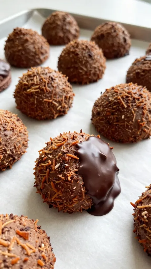 Ultra-closeup food photography of freshly baked chocolate coconut macaroons on a parchment-lined baking sheet: rough, toasty golden coconut mounds with visible shredded coconut texture, matte cocoa-tinted exterior, some macaroons half-dipped in glossy dark melted chocolate with clean, even coating and gentle drip lines, soft natural window light, shallow depth of field, no props besides parchment, warm neutral background.