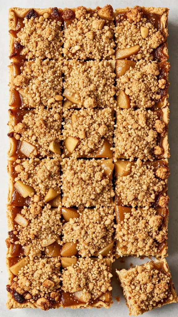 Overhead shot of a 9x9 pan of freshly baked apple crumble bars, cut cleanly into even squares: clearly defined layers showing pale shortbread crust, glossy cinnamon-apple filling, and evenly browned crumble top; one corner piece slightly pulled out with crumbs left behind; natural daylight, minimal rustic baking surface, no added toppings.