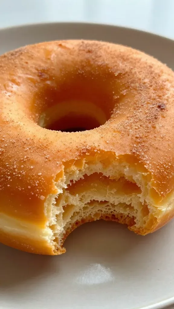 Extreme close-up of a single baked pumpkin spice donut with a smooth cinnamon-sugar coating, warm golden-orange crumb visible through a bite revealing its moist, tender texture, set on a neutral matte ceramic plate with soft natural window light and shallow depth of field; no extra toppings, no frosting, no other foods.