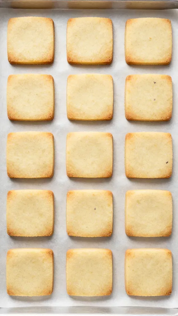 Overhead shot of a neat row of freshly baked lemon lavender shortbread slices on a parchment-lined baking sheet. Each cookie is evenly cut with clean edges, pale buttery centers with faint golden rims, and subtle flecks of lemon zest and lavender throughout. Soft diffused studio lighting, minimal shadows, no props or additional ingredients, modern clean aesthetic.