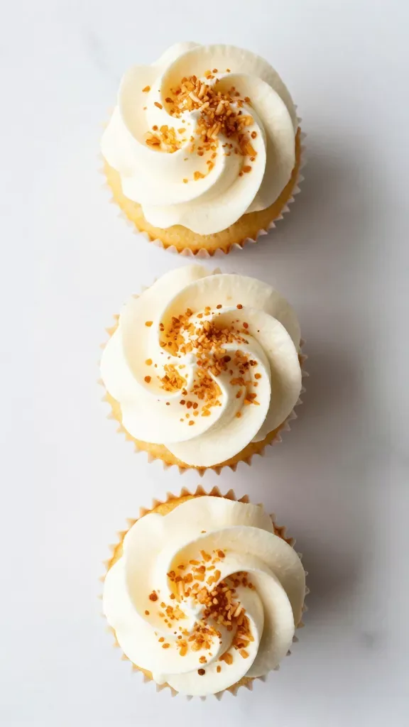 Overhead close-up of three coconut cream pie cupcakes arranged in a neat triangle on a white marble surface; each cupcake with a cloud-like swirl of whipped cream and an even dusting of golden toasted coconut flakes on top; clean cupcake liners, no other toppings or decorations; natural daylight, minimal shadows, no props.