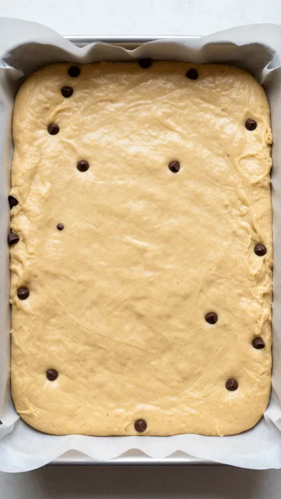Overhead view of a full 8x8-inch pan of pressed no-bake chocolate chip cookie dough, uncut, with a smooth, slightly rustic surface dotted evenly with mini and regular semi-sweet chocolate chips, lined with parchment overhanging edges, neutral kitchen backdrop, natural window light, no garnishes, no utensils, true-to-color beige dough and dark chocolate.