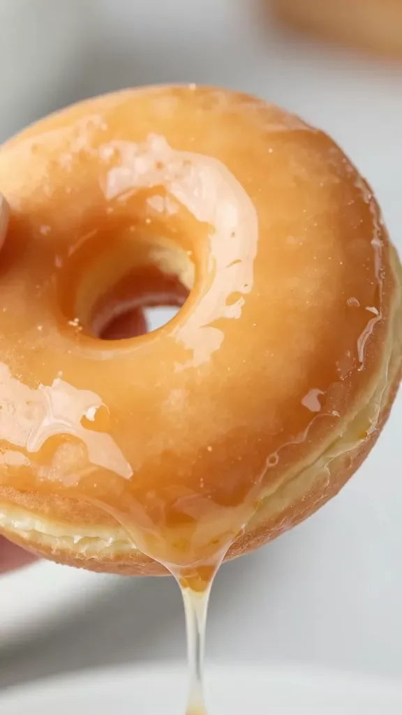 Ultra-closeup of a single classic yeast-raised donut being dipped halfway into a glossy maple glaze, warm golden-brown donut with airy texture visible at the bite edge, thick silky maple icing dripping in slow ribbons, soft natural morning light, neutral kitchen background slightly blurred, no sprinkles or extra toppings, high detail food photography, 50mm lens look, shallow depth of field