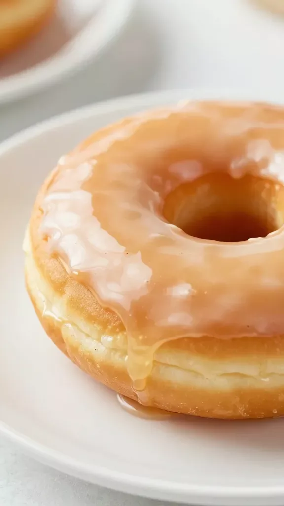 Macro side-angle of a single maple-glazed donut resting on a white plate, focus on the tender crumb at the inner ring and the smooth, mirror-like maple icing layer, subtle glaze pooling at the base, warm golden hues, soft morning ambiance, clean background with gentle bokeh, no sprinkles, nuts, bacon, or additional toppings, crisp high-resolution food styling