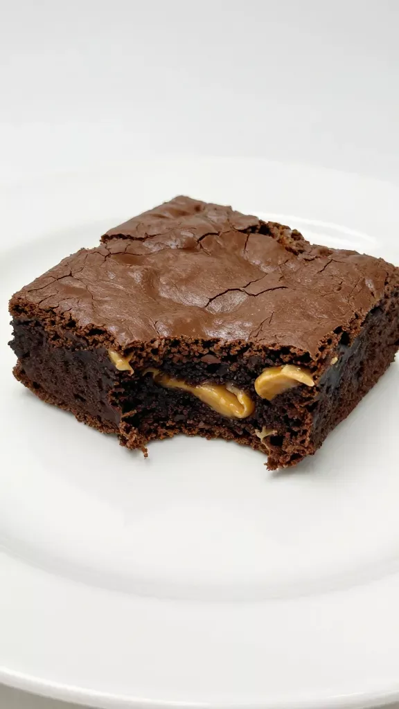 Close-up of a single brownie square on a plain white plate, edge slightly bitten to reveal the dense, fudgy chocolate interior with visible peanut butter swirl veins running through the crumb. The top is glossy and crackly, with clean, sharp edges. Minimalist scene, soft side lighting, shallow depth of field, no sauces, no ice cream, no nuts—only the peanut butter chocolate swirl brownie.