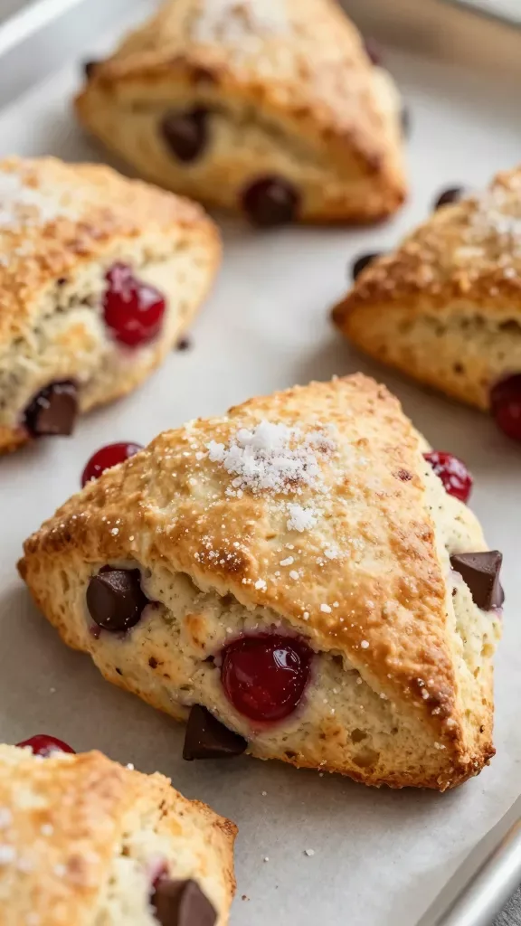 Extreme close-up of freshly baked cherry chocolate chip scones on a parchment-lined baking sheet, golden-brown, craggy tops with visible pockets of melted semi-sweet chocolate chips and juicy red cherry pieces, light dusting of coarse sugar on top, soft natural morning light from the side, shallow depth of field, crisp edges and tender interior visible in a broken scone, no extra garnishes or sauces, neutral warm background.
