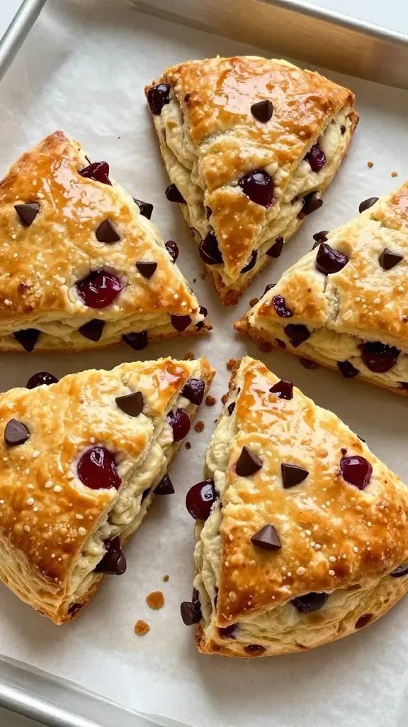 Overhead close-up of a round of cherry chocolate chip scones cut into wedges and slightly pulled apart, showcasing tall flaky layers, glossy golden tops, studded evenly with chopped cherries and chocolate chips, a few crumbs scattered on parchment, soft diffused daylight, simple baking tray beneath, no plates, no utensils, no added ingredients.