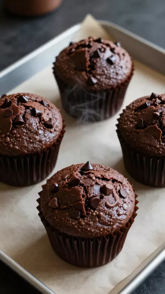 Three chocolate espresso muffins in their paper liners arranged in a triangle on a parchment-lined baking tray, deep cocoa color with chocolate chips studding the tops, light sheen from residual warmth, gentle steam hinting at freshness, moody café-like lighting, no drizzles, no frosting, no extra ingredients—just the muffins.