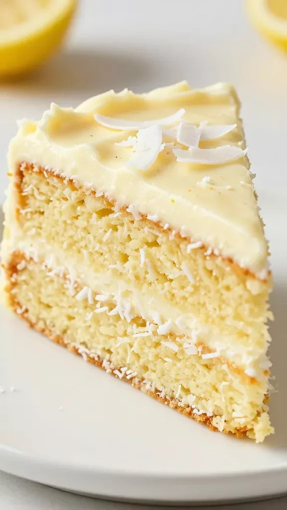 Extreme close-up of a single slice of lemon coconut layer cake on a simple white plate: tender, moist yellow-crumb cake with visible flecks of fine shredded coconut, generously layered and topped with smooth lemon cream cheese frosting; delicate coconut shavings lightly scattered on top, a soft sheen on the frosting, subtle lemon zest speckles visible; bright natural daylight from the side, minimal background blur, no additional garnishes or props, high-resolution food photography.
