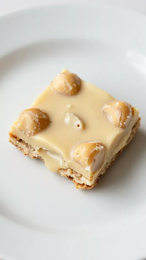 Macro view of a single square white chocolate macadamia bar on a plain white ceramic plate, focusing on the gooey white chocolate pockets and chunky macadamia pieces embedded in a buttery vanilla blondie base; crumb texture clearly visible with a moist, chewy center and lightly browned edge; clean minimal composition, natural light, shallow depth of field, no toppings, no props, no text.