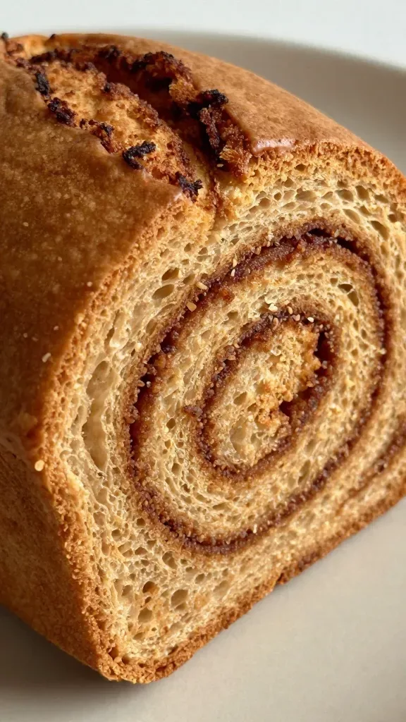 Extreme close-up of a freshly sliced cinnamon swirl coffee loaf on a plain neutral plate, showing a tight, even cinnamon-sugar ribbon spiraling through a moist, tender, golden-brown crumb; slightly cracked top with a deep cinnamon line peeking through; soft natural morning light from the side; no glaze, no nuts, no frosting, no extra ingredients; shallow depth of field focusing on the swirl texture.